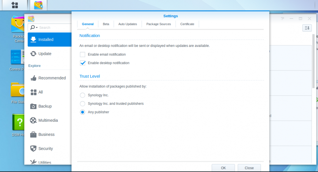 Synology DiskStation Manager Package Center Settings