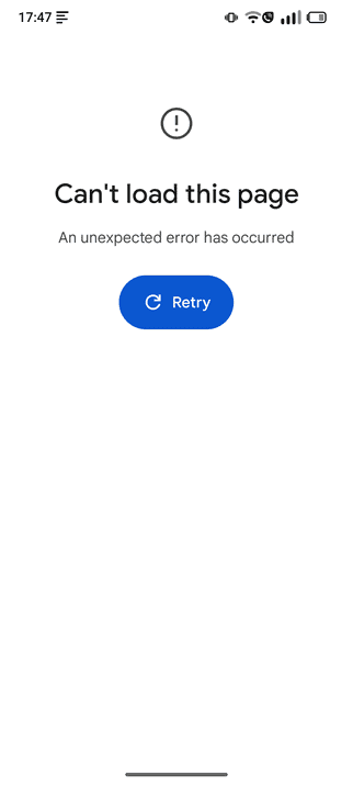 Error screen: Can't load this page. An unexpected error has occurred. Retry (button)