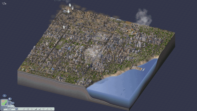 Screenshot of SimCity 4, showing a square with a city on it. There's some water (ocean?) in the bottom right corner of the square, the rest is filled with a fairly dense city with all kinds of infrastructure and varied buildings.